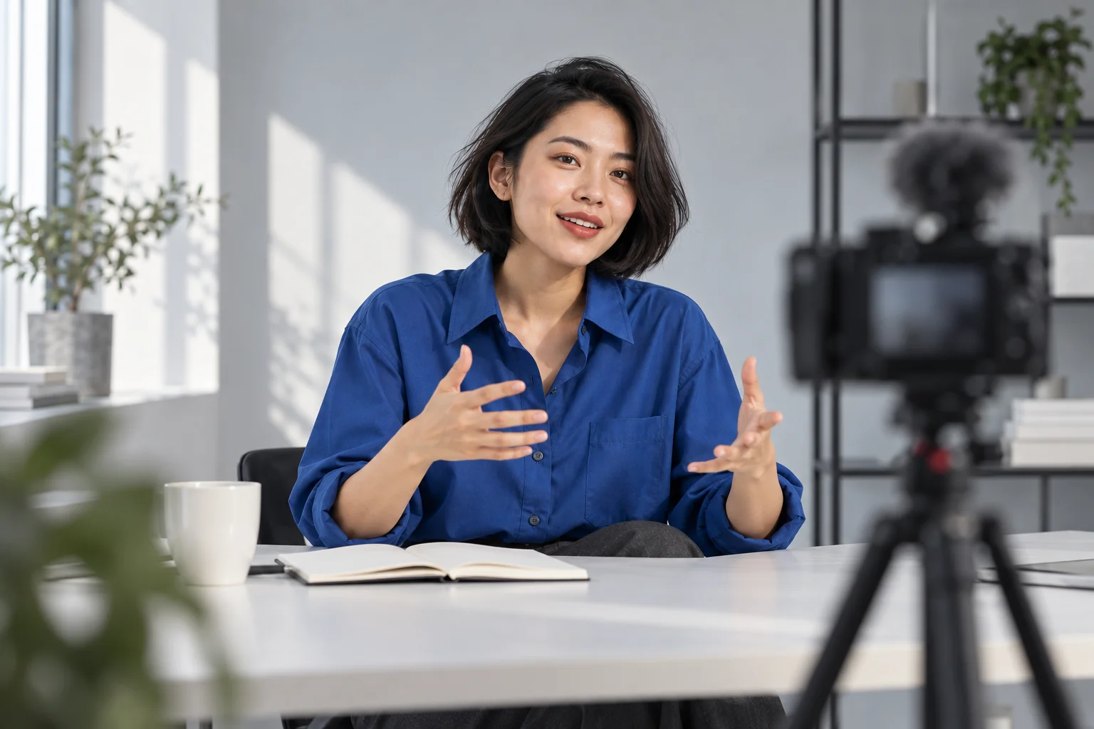 Konsep AI model creator berbicara ke kamera di studio.