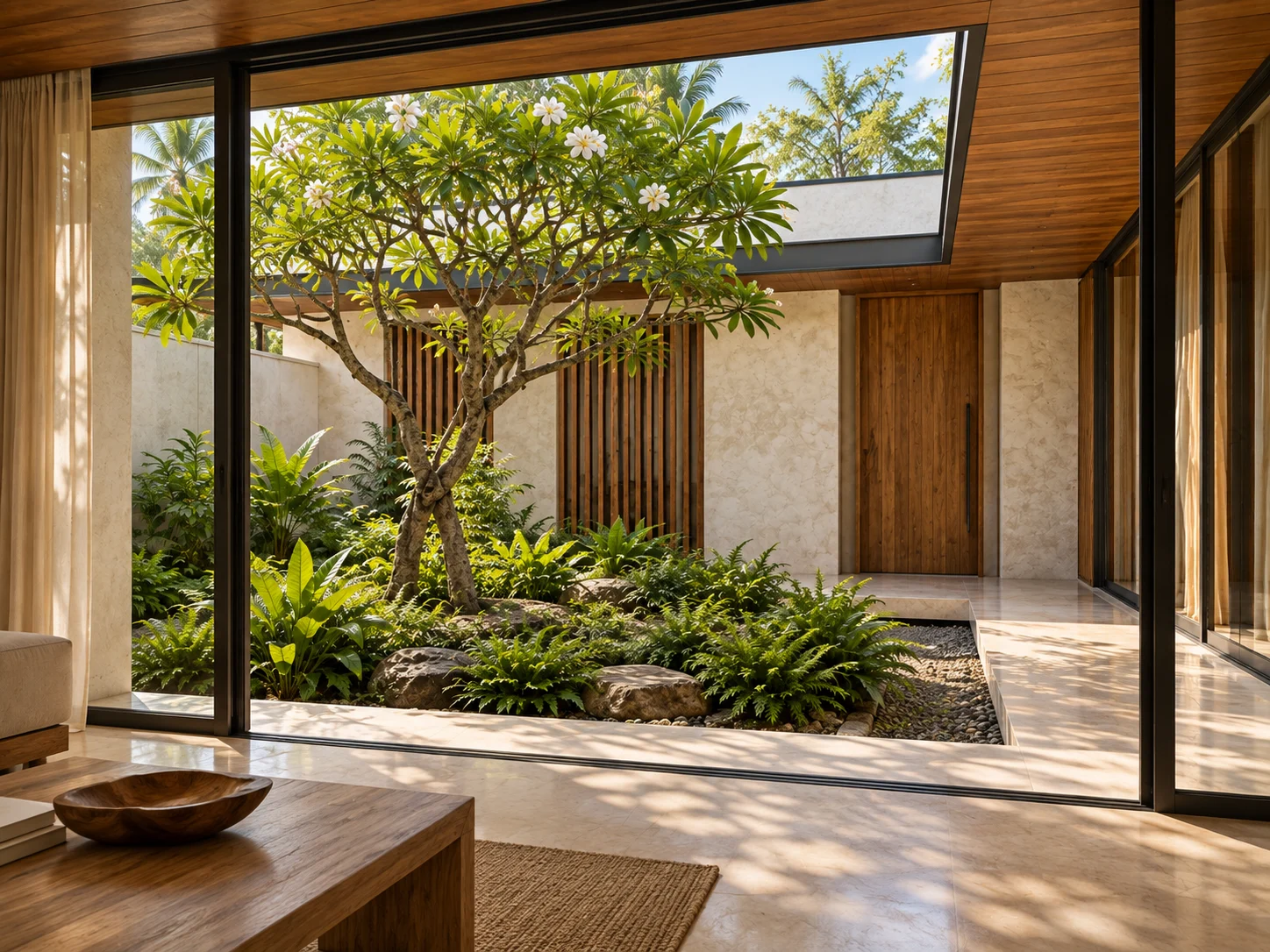 Konsep AI ruang keluarga kayu menghadap courtyard berplester terang dan pohon kamboja.