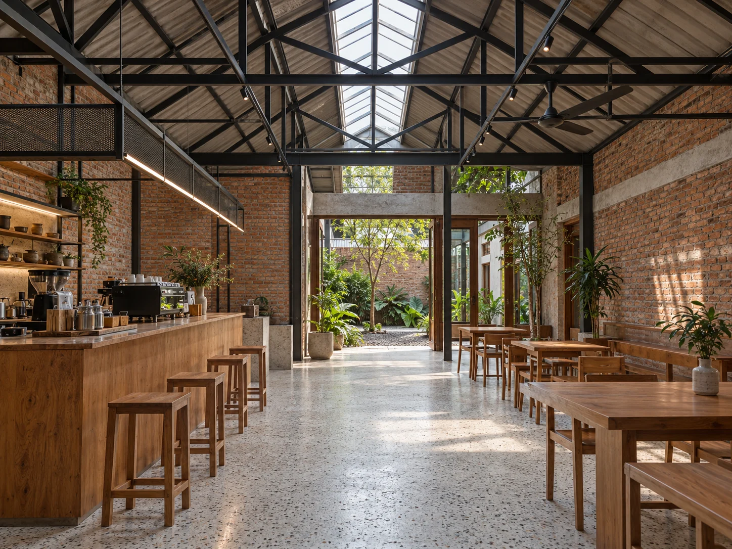 Konsep AI kafe dan galeri dengan bata, rangka baja, skylight, dan lantai terrazzo.